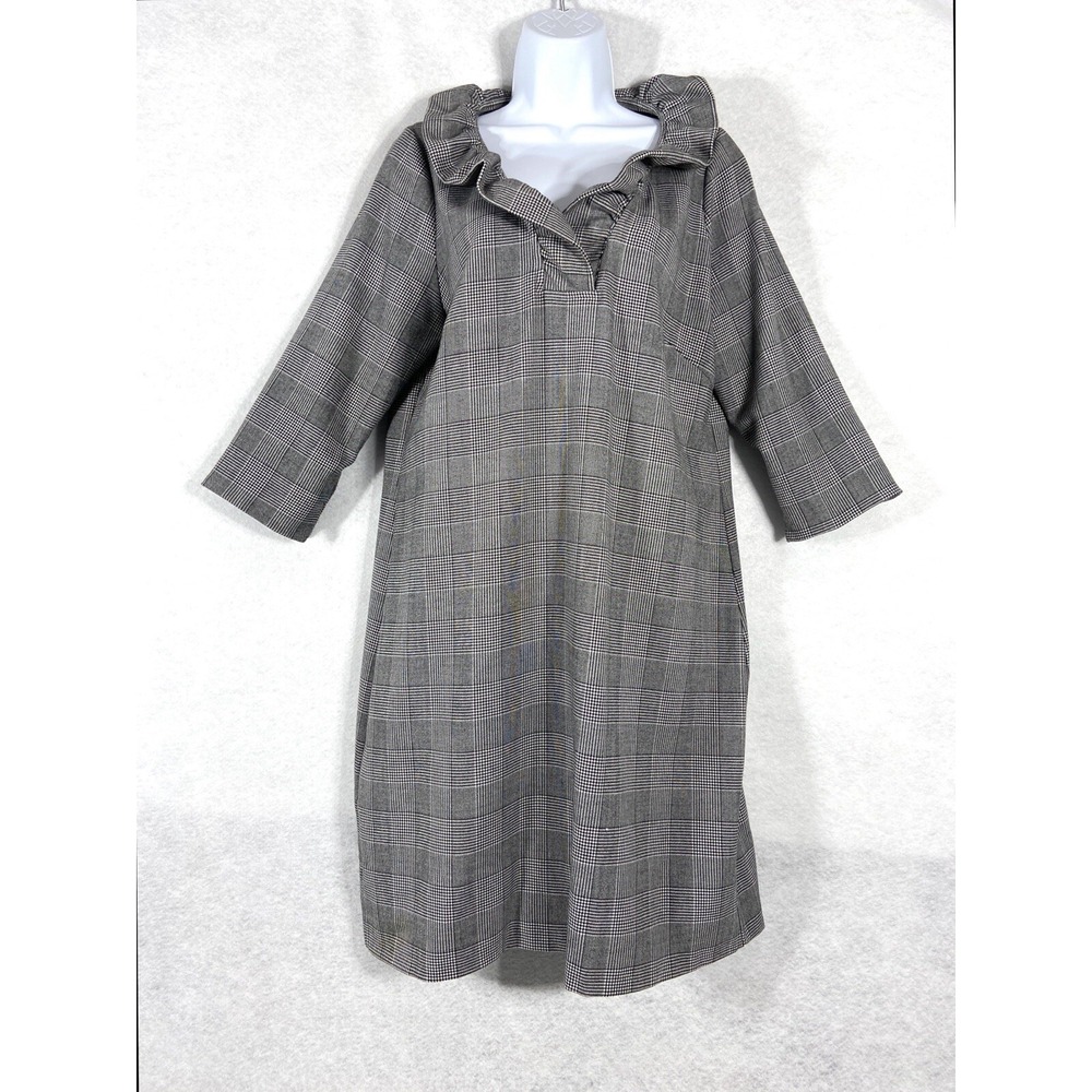 Gretchen Scott‎ Dress Womens Large Gray Shift Plaid 3/4 Sleeves Ruffle Neck